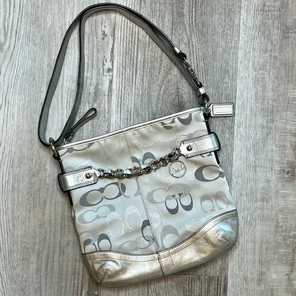 Coach Moto Optic C Signature Metallic Silver Jacquard Crossbody Bag F19820